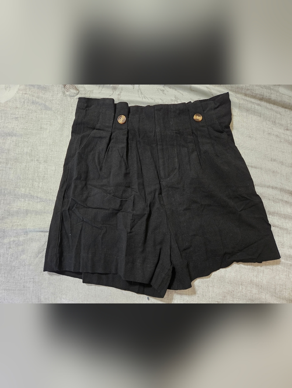 High-Rise Black Paperbag Shorts with Gold Button Detail